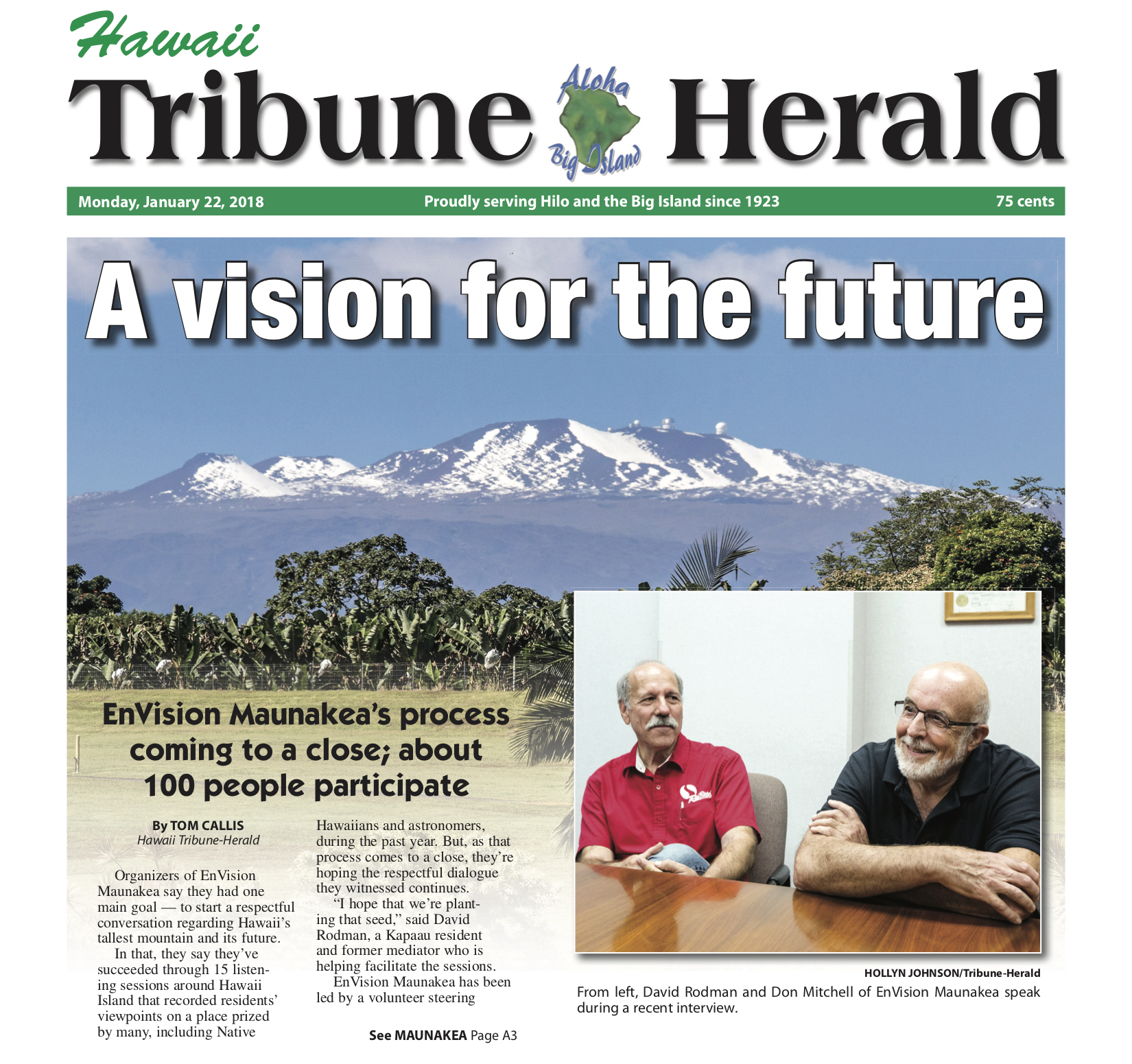 January 22, 2018 article in Hawaii Tribune Herald, "A vision for the future"
